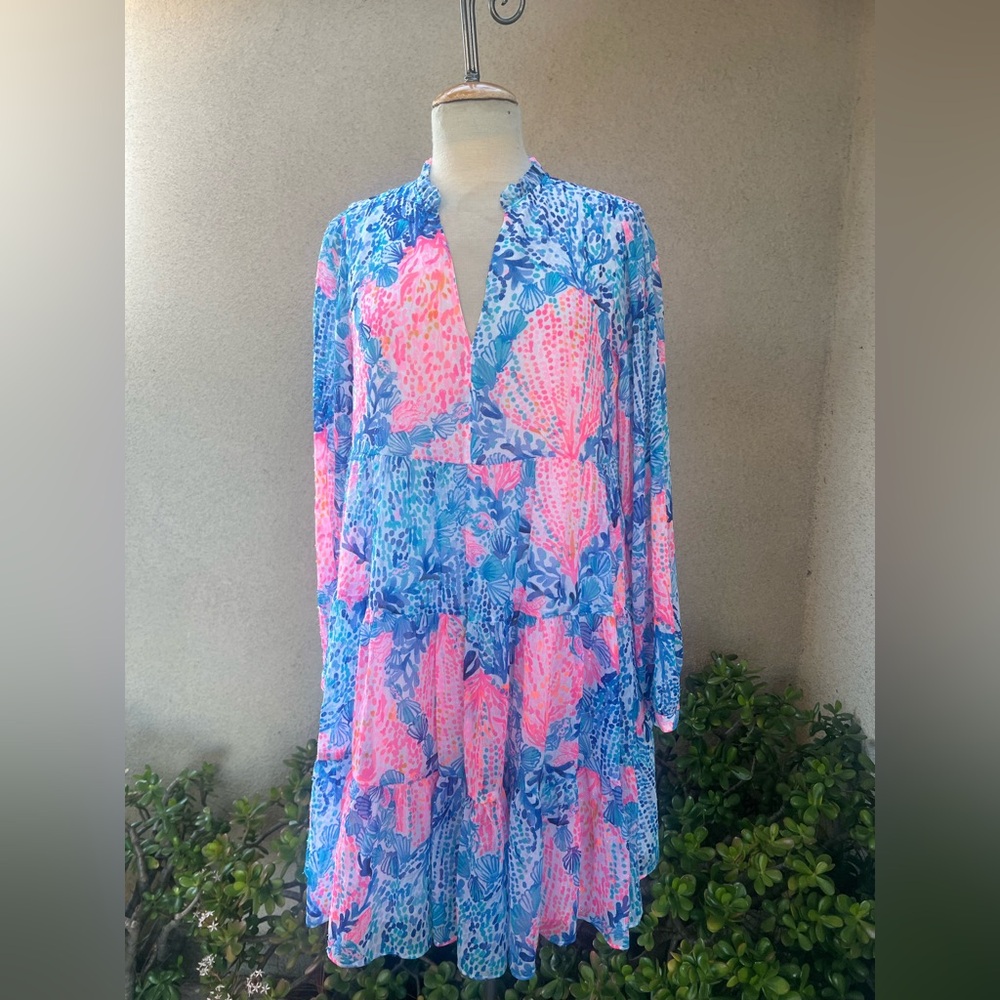 Lilly Pulitzer  Sarita dress sheer metallic chiffon pink blue Sway with me sz 8